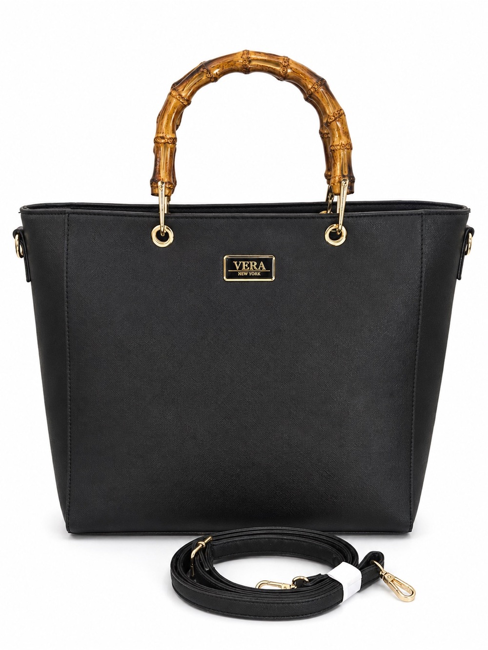 Vera New York Black Bamboo Handle Tote Crossbody Bag Gold Hardware Work Purse - Picture 14 of 14